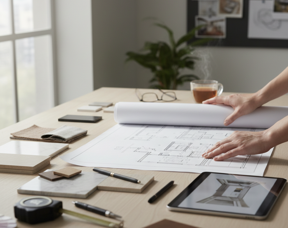 Interior designer reviewing layouts and material samples for a residential project in Mohali.