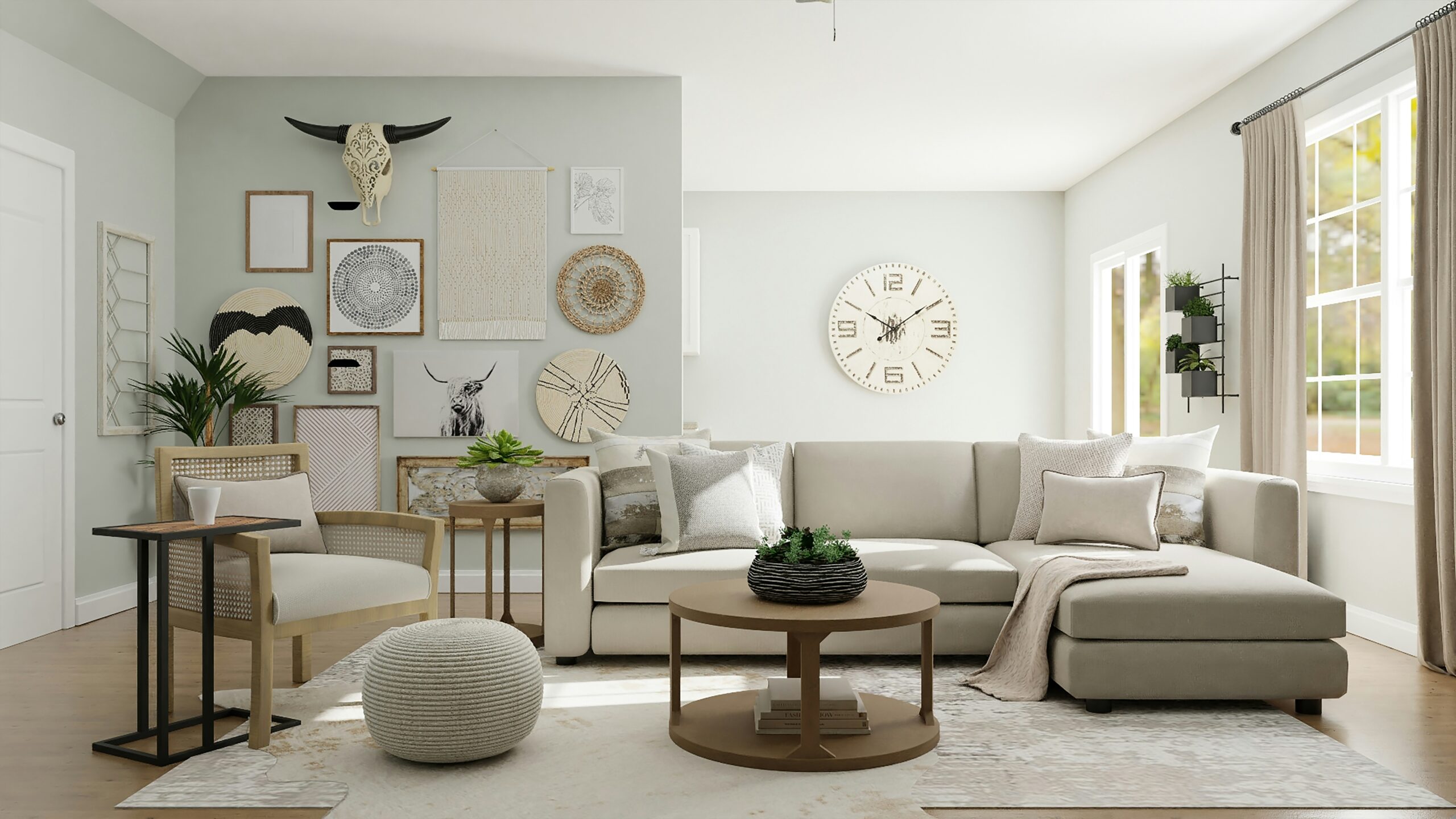 Modern minimalist living room in warm beige tones with soft lighting and clean modular furniture, representing premium interior design in Mohali.