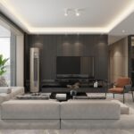 Luxury modern living room interior designed by interior designers in Chandigarh with neutral tones and layered lighting