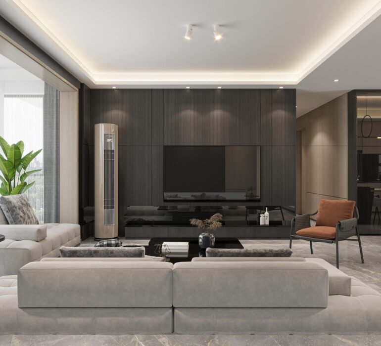 Luxury modern living room interior designed by interior designers in Chandigarh with neutral tones and layered lighting