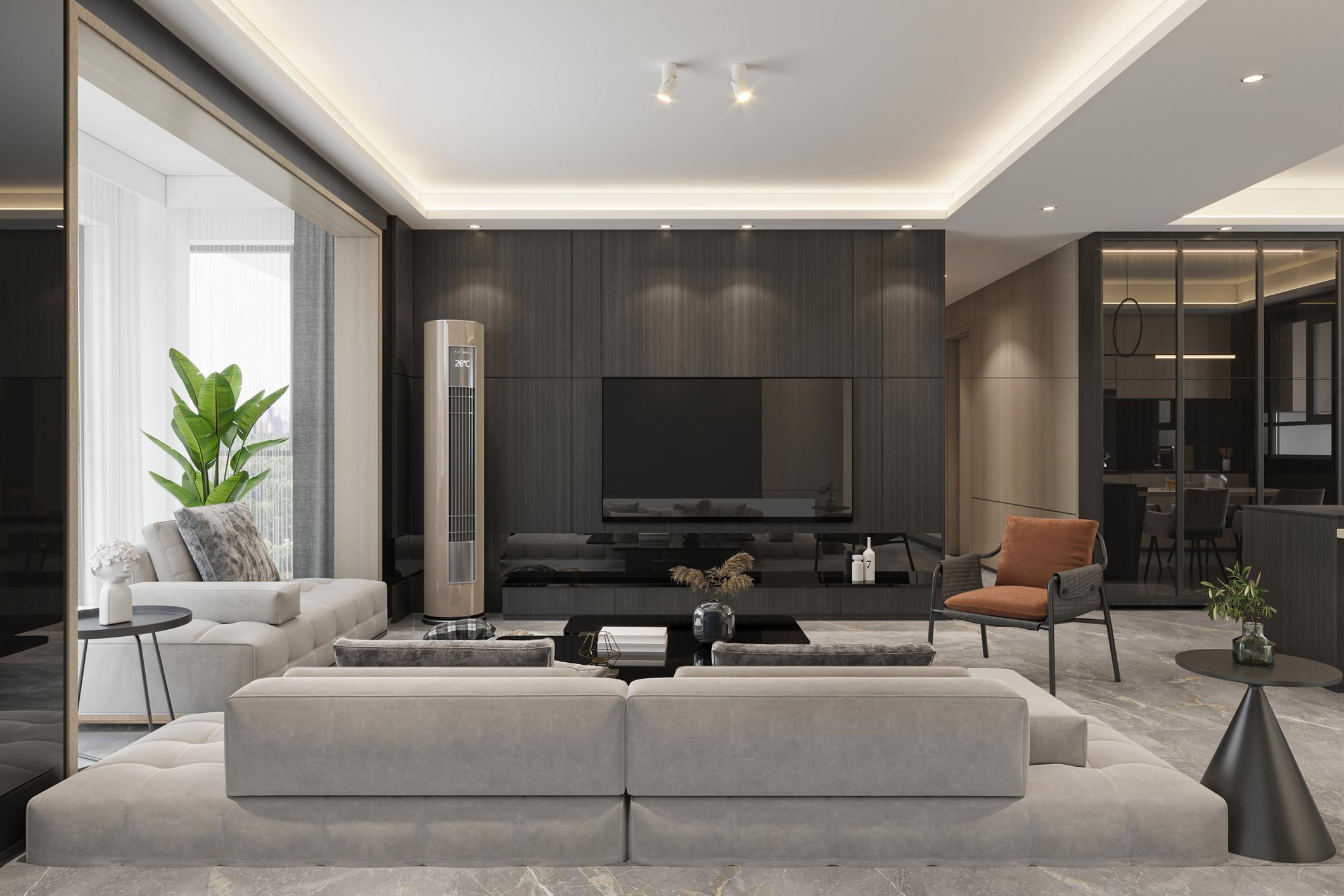 Luxury modern living room interior designed by interior designers in Chandigarh with neutral tones and layered lighting